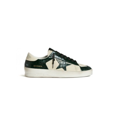 GOLDEN GOOSE MEN'S STARDAN LTD IN CREAM LEATHER WITH GREEN CROCODILE-PRINT LEATHER STAR AND INSERTS GMF00667